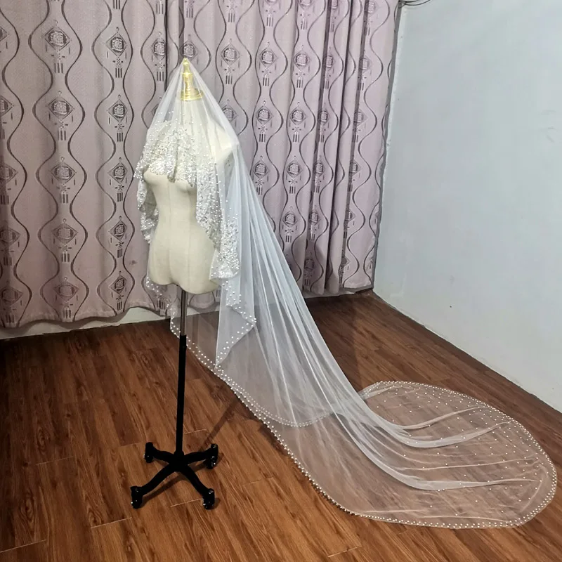 Lussuoso velo di paillettes con perline accessori da sposa romantici 2023 nuova perla cattedrale matrimonio sposa velo nascosto