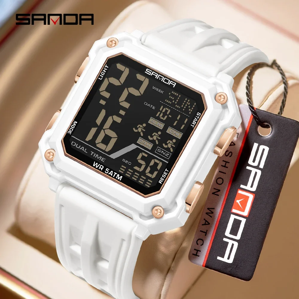 SANDA 2026 Fashion Electron Analog Watch for Men Women Square Dial Count Down Timer Waterproof Watch LED Luminous Digital 6373