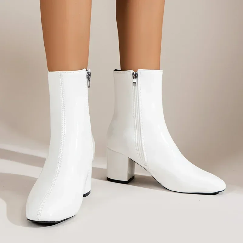 Damen-Stiefeletten für den Winter mit seitlichem Reißverschluss, dehnbarem mittlerem Absatz, großer Größe, kurzer Stiefelette, modische spitze Schuhe, Botas De Mujer – Detail 30