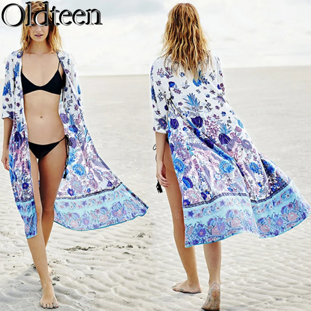 

Summer Cotton Positioning Flower Beach Outfit Long Dress Cardigan Casual Fresh Bohemian Vacation Dress Sexy Loose Robe Cover Up