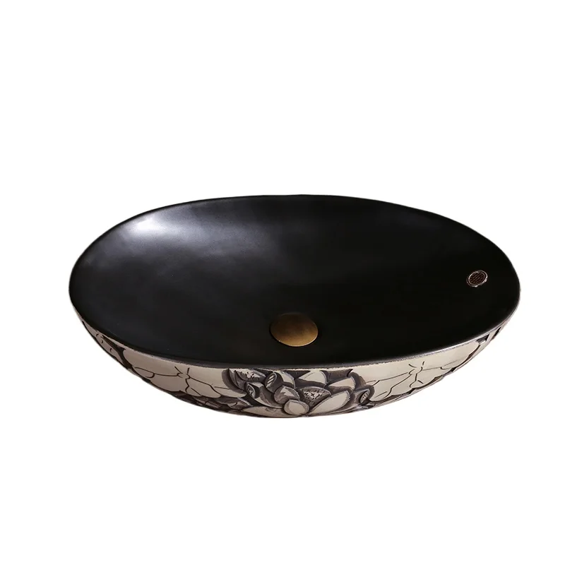 

Carved lotus retro countertop basin industrial style ceramic washbasin Chinese style basin