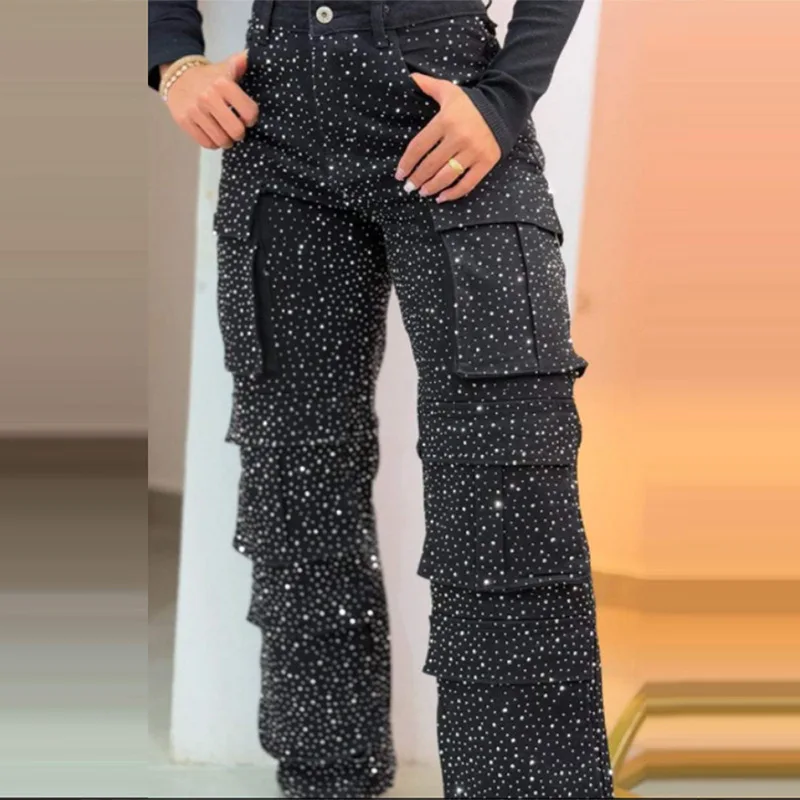Diamond Wide Leg Jeans for Women 2026 Spring New Pockets High Waist Jeans