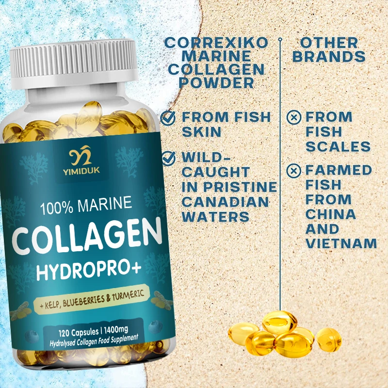 Suplemento de colágeno hidrolisado, Colágeno marinho 100% potente com ácido hialurônico, Biotina e mirtilo, Vitaminas e minerais