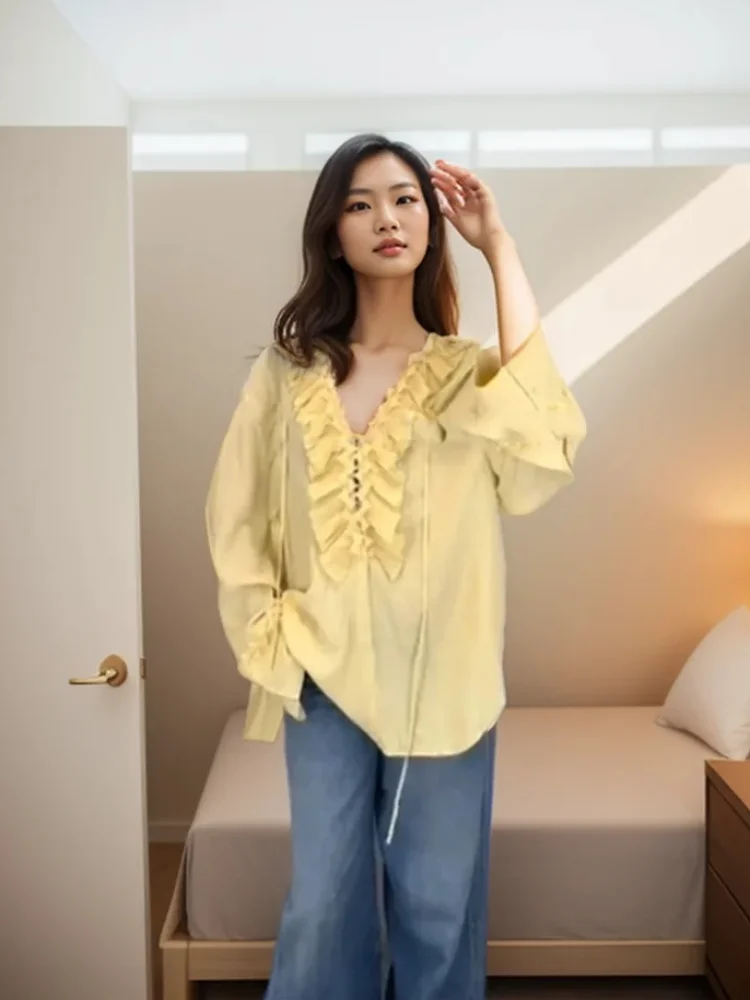 

Casual Yellow Long Sleeves Shirts Cozy Women Loose V-neck Ruffle Patchwork Lace Up Blouse 2025 New Female High Street Daily Tops