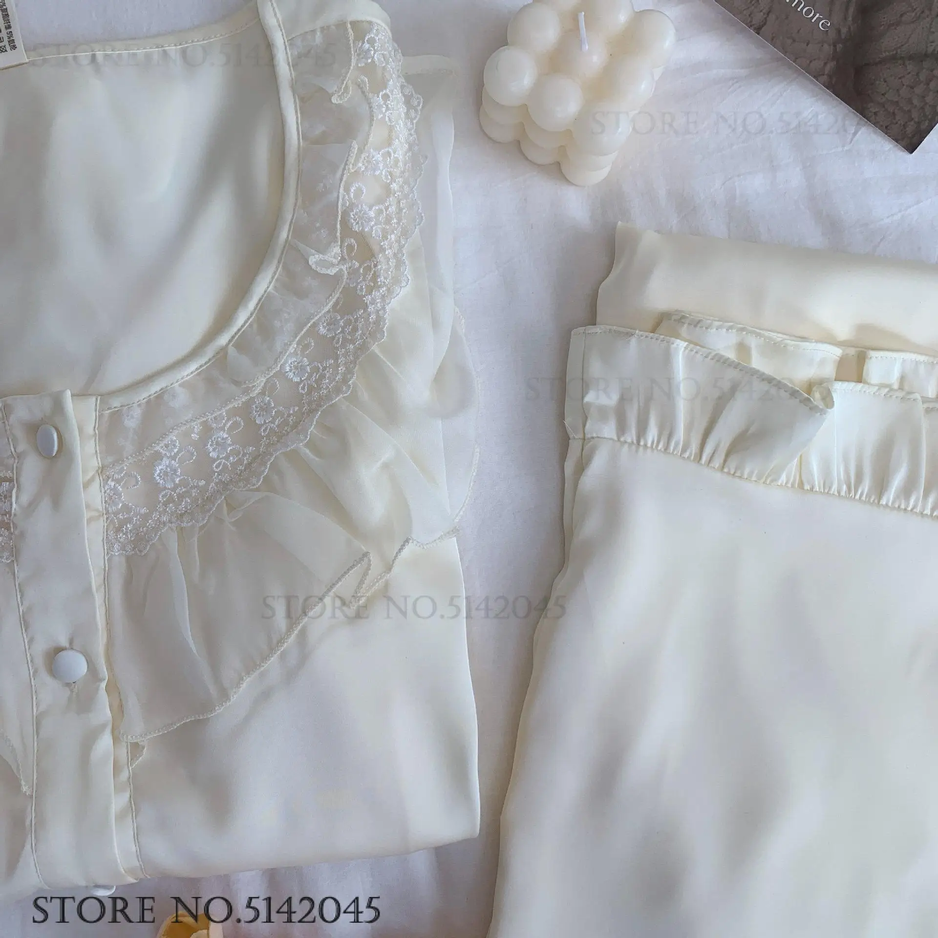 2PCS Pajamas Set Women\'s Sleepwear French Romantic Ruffled Lace Long Sleeve Trouser Suits Home Clothing Silk Satin Loungewear