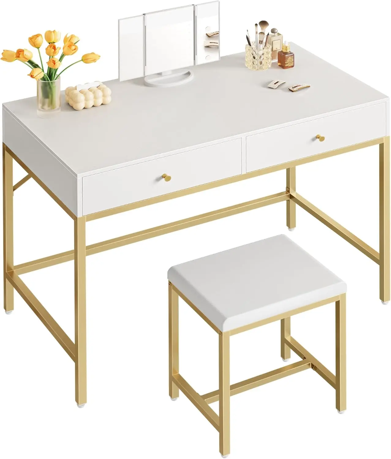 

Vanity Desk, Makeup Vanity with Lighted Mirror, White Desk with Drawers, 35.4 Inches Makeup Vanity Desk with Lights, for Bedroom