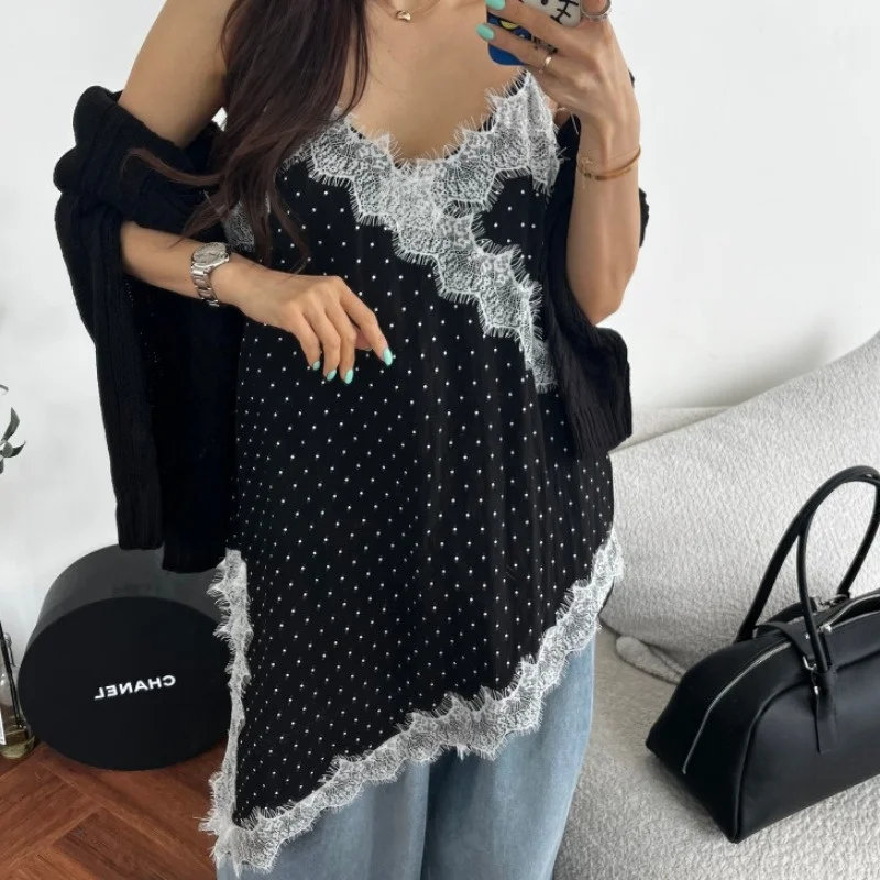 

Summer New Polka Dot Lace Trim V-Neck Irregular Hem Strap Dress Women's Korean Style Dress Suitable for Various Occasions