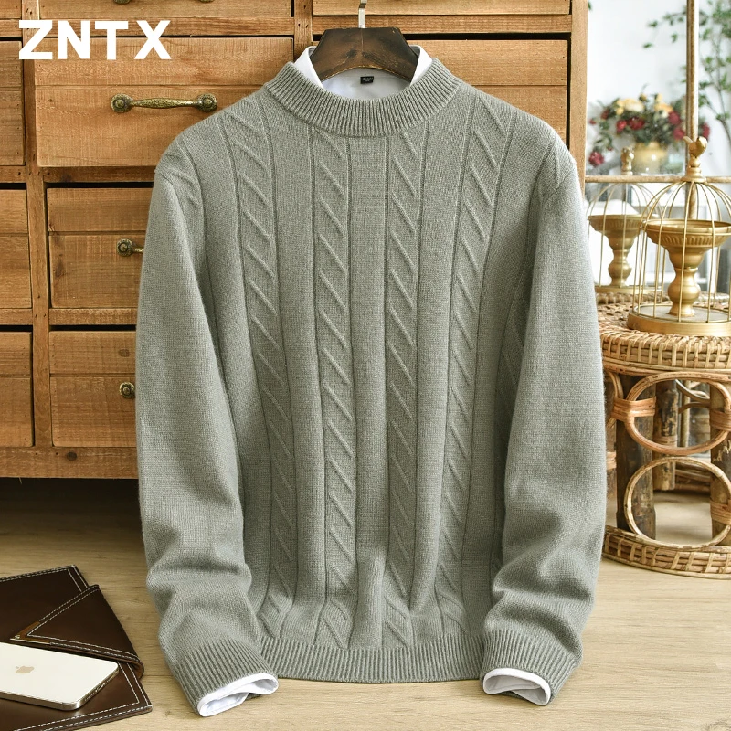 Winter men's semi high neck pure cashmere sweater, thickened warm striped knitted sweater, solid color, middle-aged dad outfit