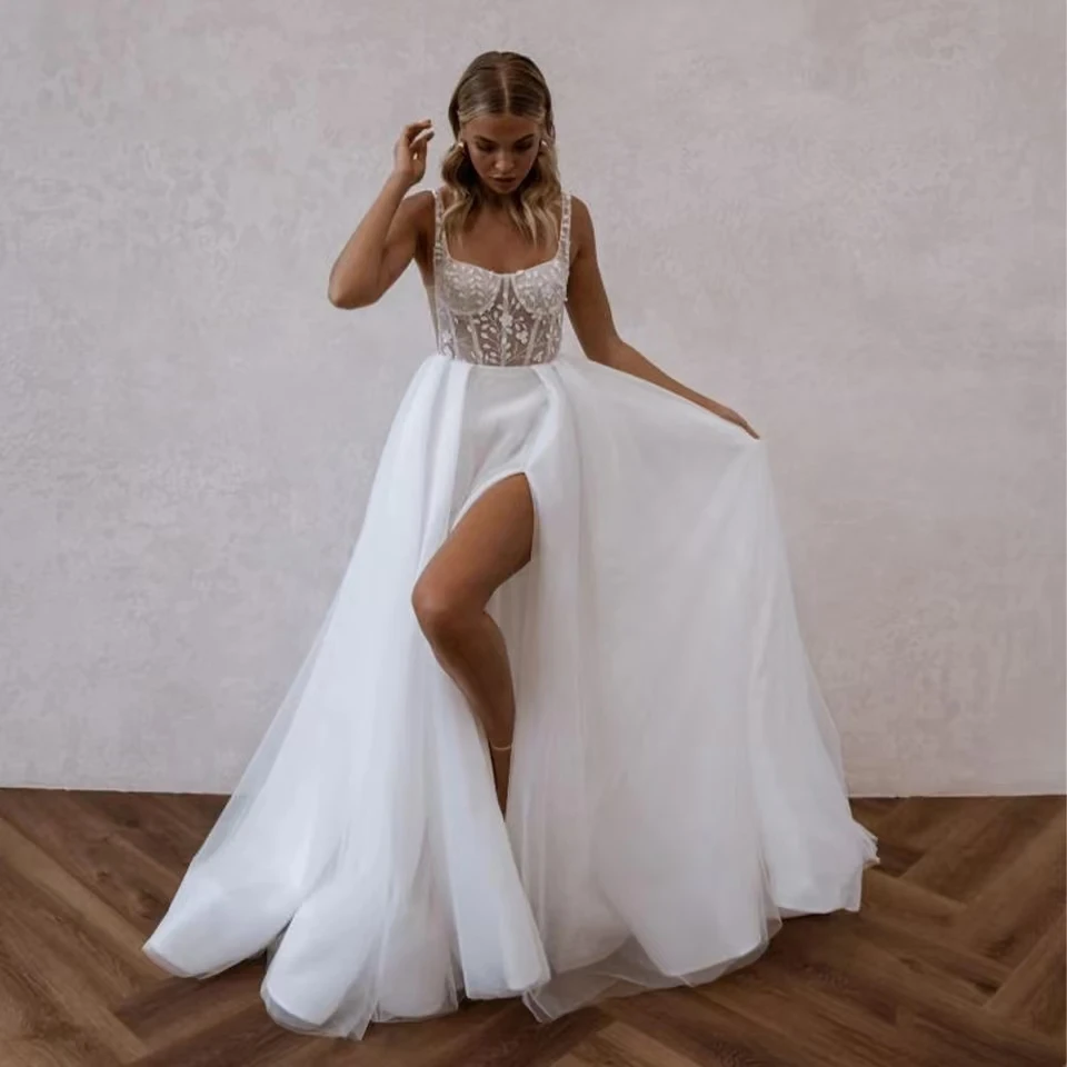 Elegant Wide Straps Lace Applique Boho Beach A Line Wedding Dresses Side Slit Custom Made 2024 vestidos de novia