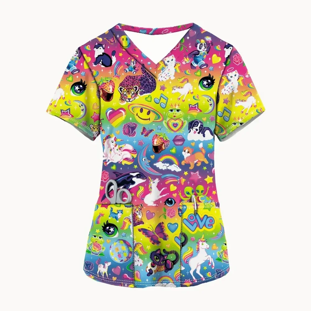 Słodki kot kreskówkowe mundury chirurgiczne kobieta moda letnia dekolt w serek Medico mikro-elastyczne krótkie rękawy naszywane kieszenie ubrania medyczne