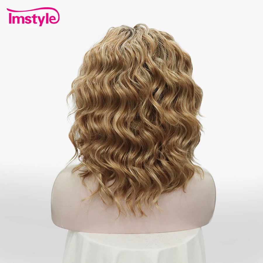 Imstyle Short Wigs Gold Synthetic Lace Front Wig For Women Brown Deep Wave Dark Root Heat Resistant Fiber Daily Wig