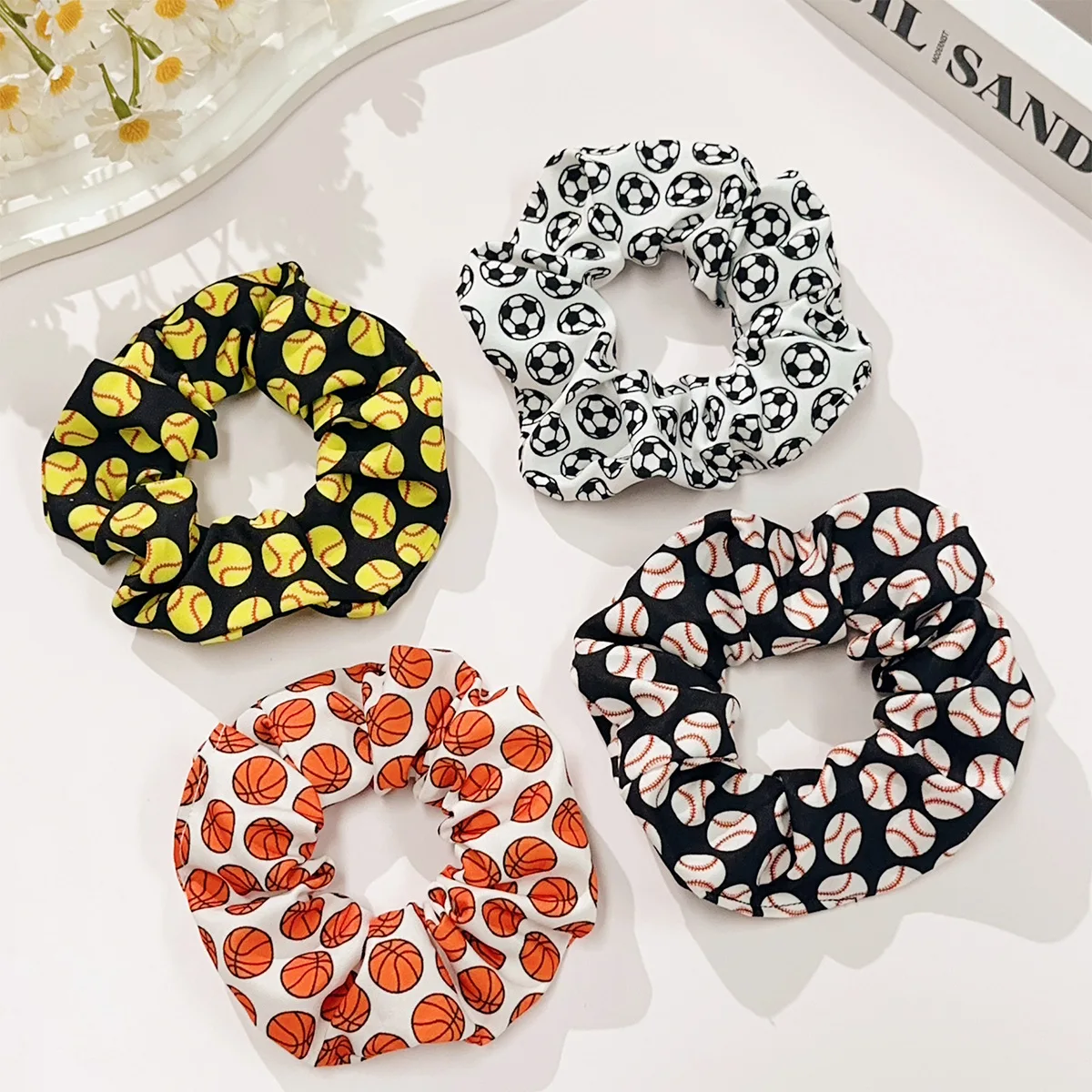 Sports Style Large Intestine Hairbands Football Basketball and Baseball Printed Fabric Hair Ropes Ties Elastic Rubber Bands New