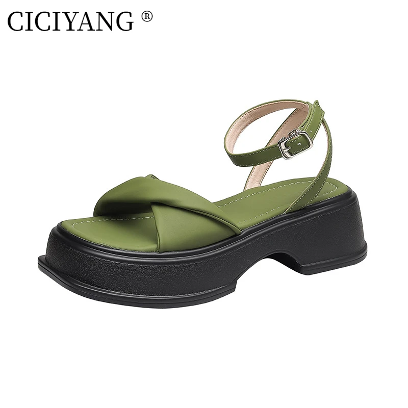 CICIYANG Ladies Ankle Strap Flatform Sandals Women2024 Platform Gladiator Muffin Sandals Open Toe Footwear Summer Black Leather