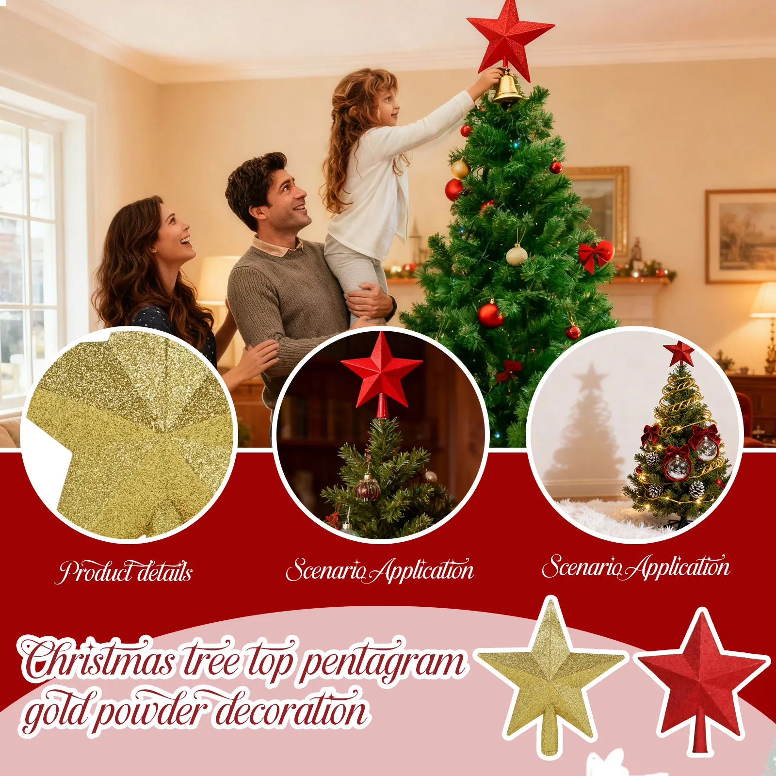 15cm Christmas Tree Top Star Five-Pointed Star Gold Powder Decoration Holiday Decorations  Christmas Tree Decoration Home Decor