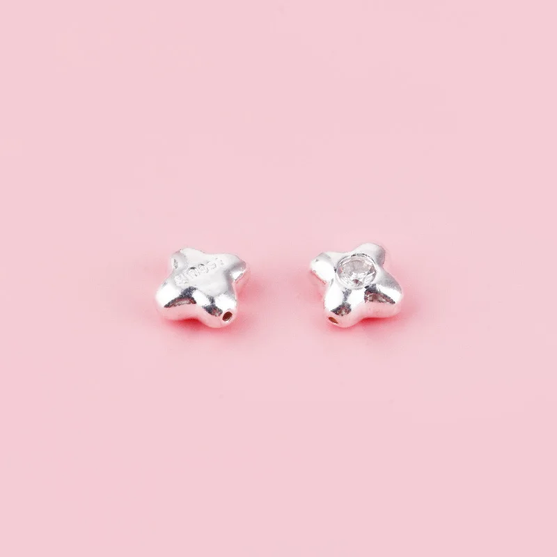Pure silver 999 four-leaf clover flower beads set with white zircon DIY bracelet material