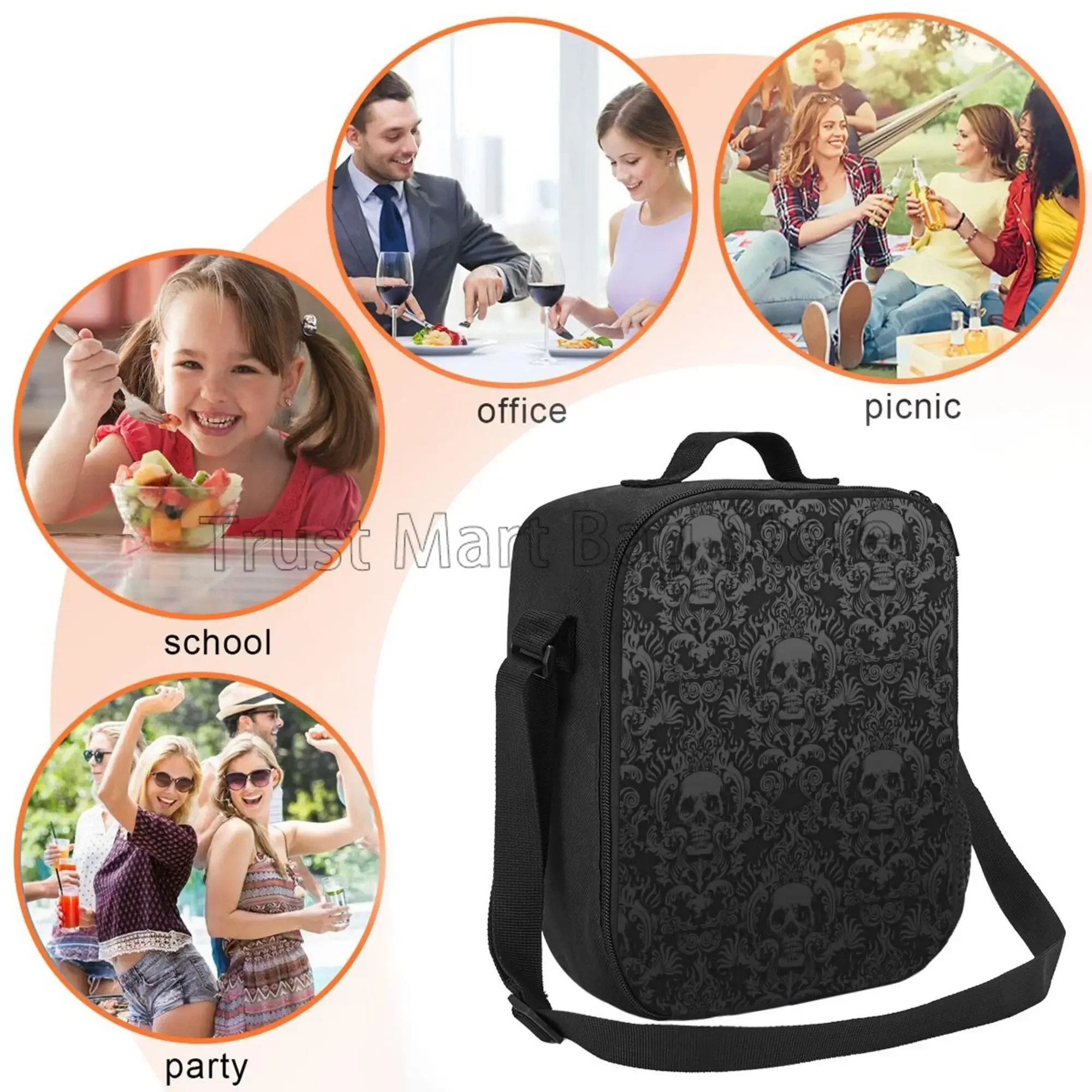 Black Gothic Skull Damask Pattern Insulated Lunch Bag Reusable Thermal Cooler Oxford Tote with Adjustable Strap for Work Picnic