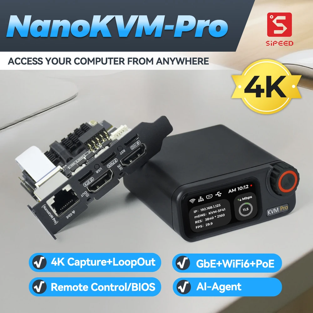 NanoKVM-Pro PiKVM 4K Remote Control KVM-ATX/KVM Desk IP-KVM GbE/WiFi6/PoE for Server/NAS Remote Management HomeLab AI Agent HDMI