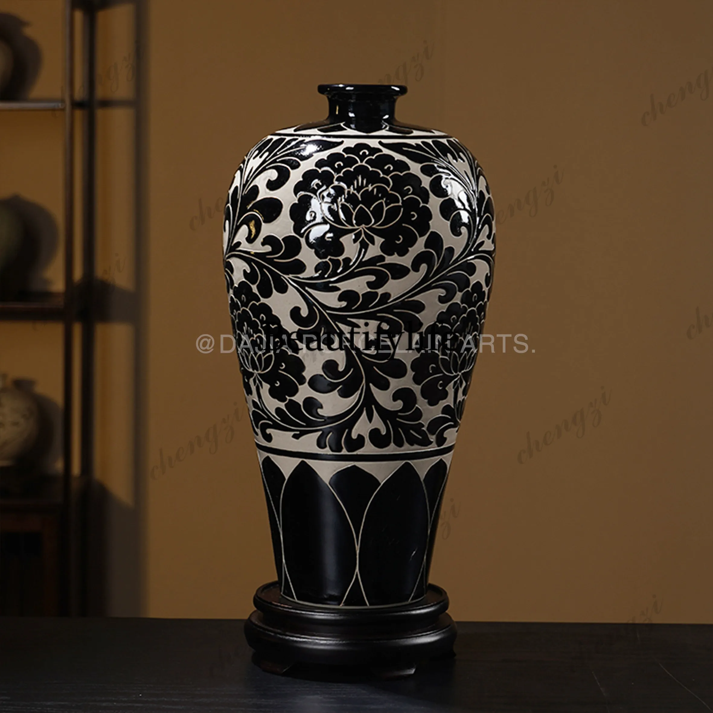 Black glaze engraved flower two-layer peony ceramic vase ornament Chinese home decoration plum vase