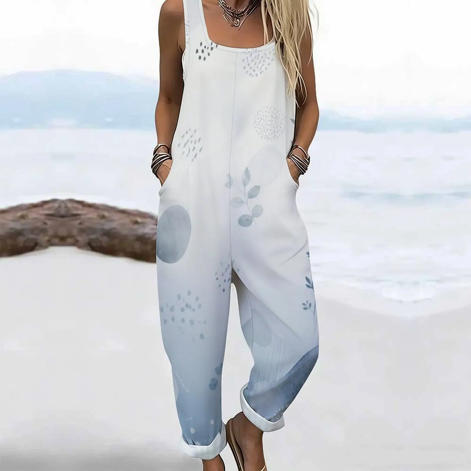 Women Printed Jumpsuit Square Neck Sleeveless Wide Straps Loose Fit Pockets Cuffed Ankle view 4