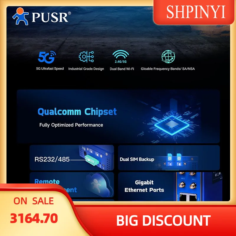 PUSR Gloable Frequency Dual Bands/SA/NSA 5G Multi-Port Industrial Cellular Router Wireless Lte WiFi Router USR-G816w-G