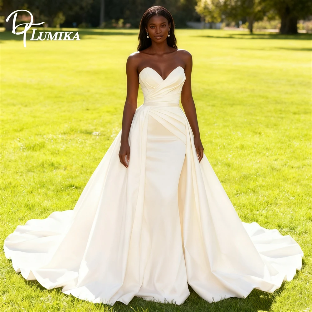 

DTLumika Elegant Satin Long Bride Dress for Women Strapless Court Train Bridal Gown, Customized Plus Women's Wedding Dresses