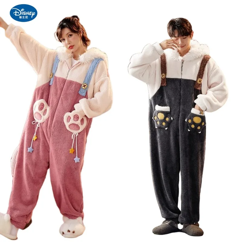 Disney Marie anime peripheral cartoon cute winter hooded one-piece zipper pajamas for couples thickened plush warm home clothes