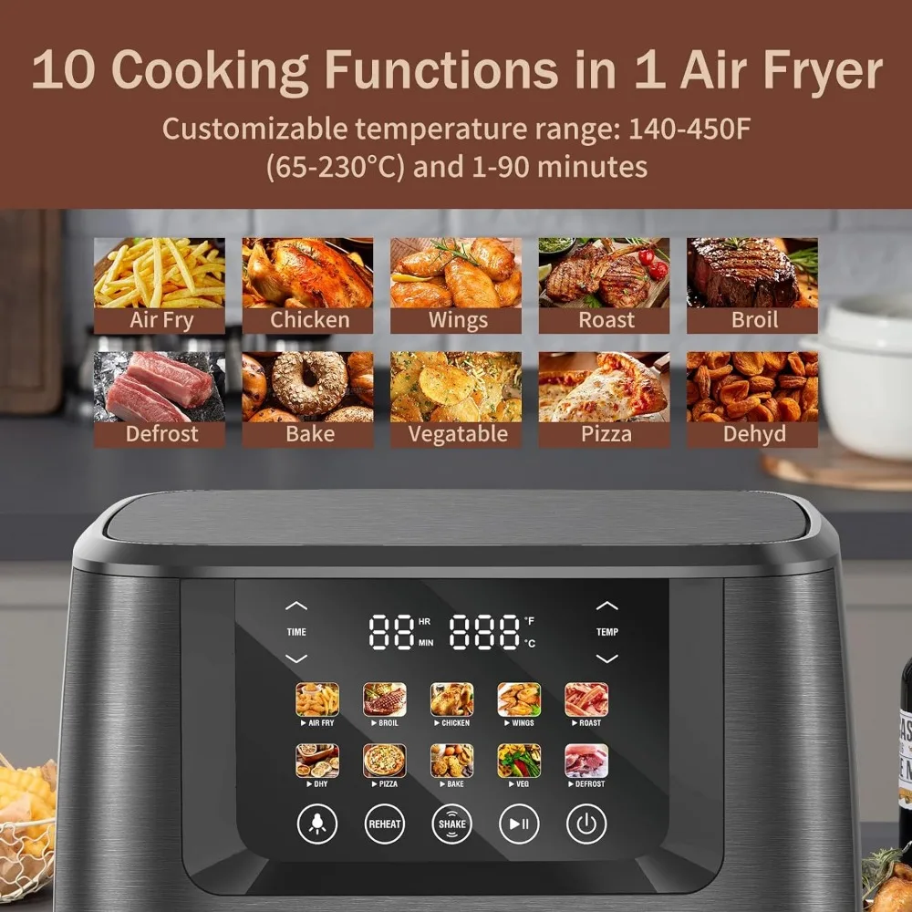 XL air fryer, 8 perempat, 10 dalam 1 oven penggorengan udara panas, dengan layar sentuh layar LCD warna, kombinasi oven penggorengan udara