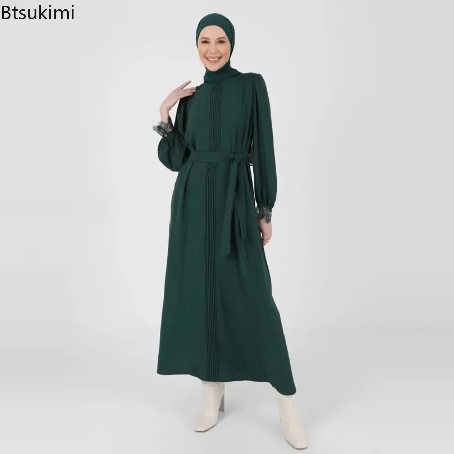 New 2024 Women's Muslim Dress Vintage Green Lace Abayas for Women Muslim Long Sleeve Modest Dress Belted  Abaya Islamic Clothing