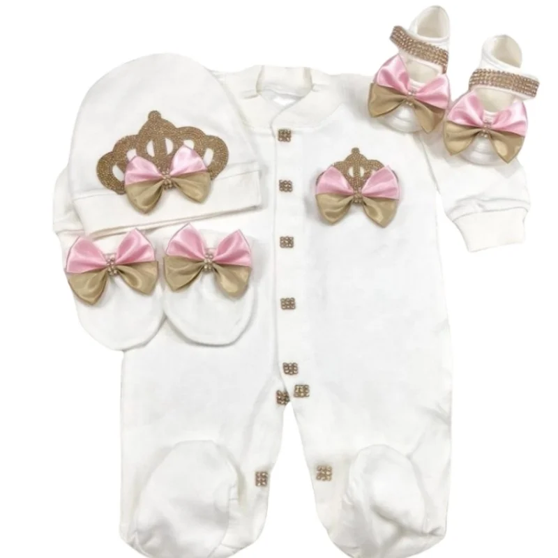 Footed Romper Newborn 0-9 Months 4 Piece Set White Pink Gold Crown Bow Princess Boutique Baby Shower Gift With Hat Mittens Shoes