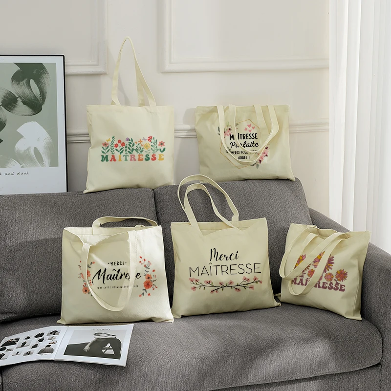 Floral Merci Maîtresse Print Women Tote Bag Cadeau Maitresse D'école Shoulder Bag French Inspired Gift for Teacher Appreciation