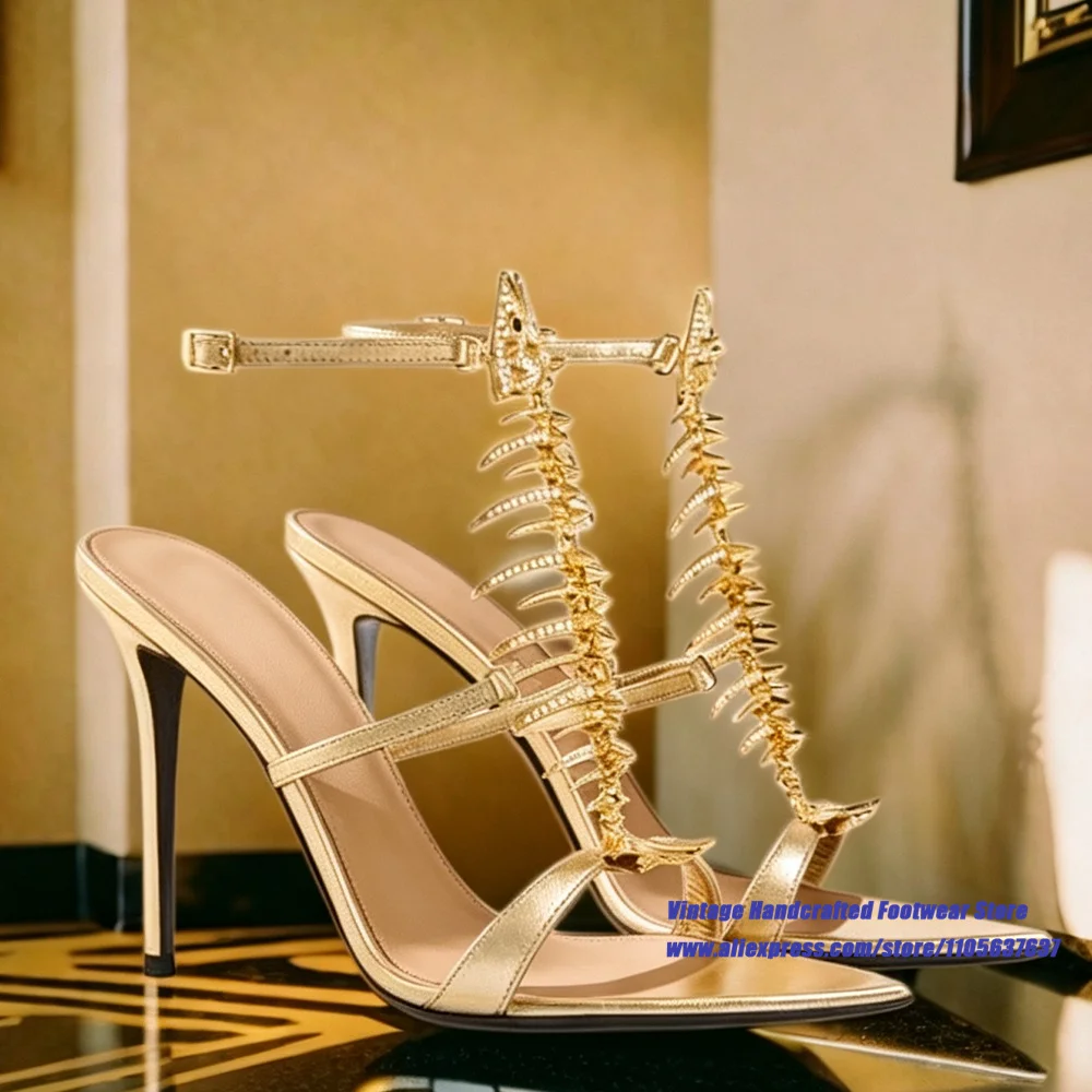 Brown Leather Fish Bone Rhinestone Ankle Strap Stiletto Sandals Women Pointed Toe Party High Heels Sandalias De Mujer Verano