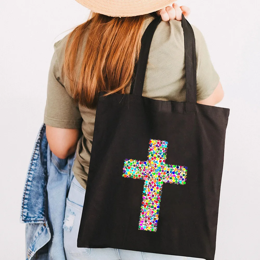 Jesus cristo cruz deus cristão girassol Christus crucifixo lona feminina algodão totes sacos de ombro shopper bolsas de compras