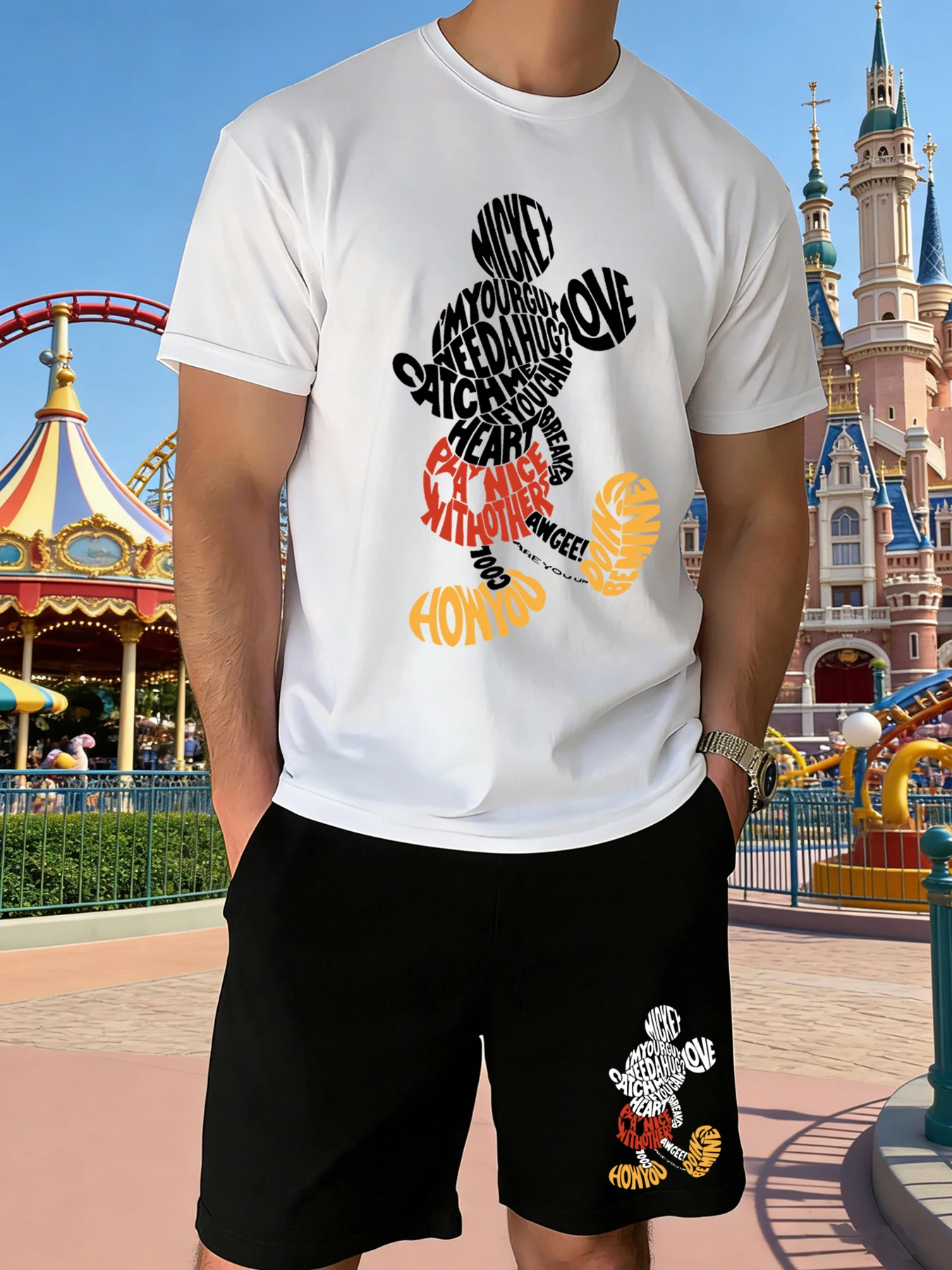 

2-Piece Mickey Mouse Print Men's T-Shirt and Shorts Set Summer Casual Cute Cartoon Short-Sleeve Top Men's Y2K Fashion T-Shirt