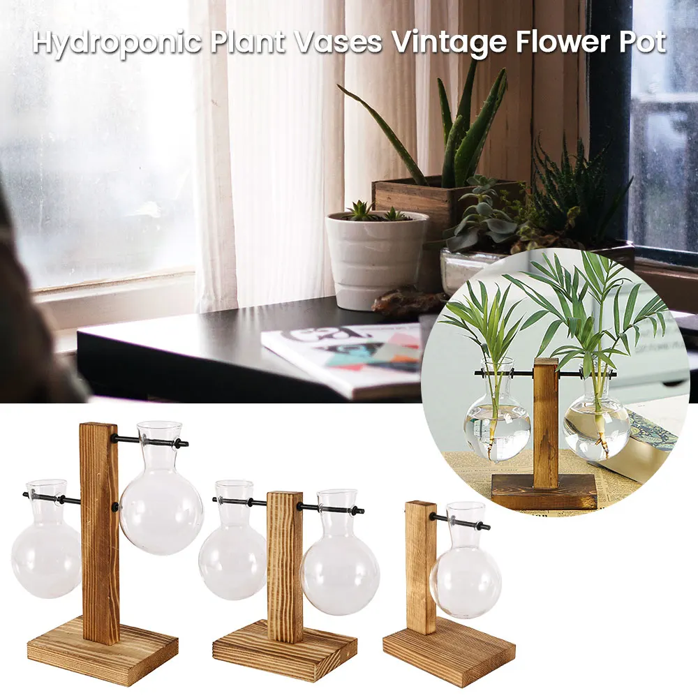 Hydroponisches Pflanzenterrarium Vintage Blumenvase Transparente Vase Holzrahmen Glas Tischvase für Haus Bonsai Dekoration
