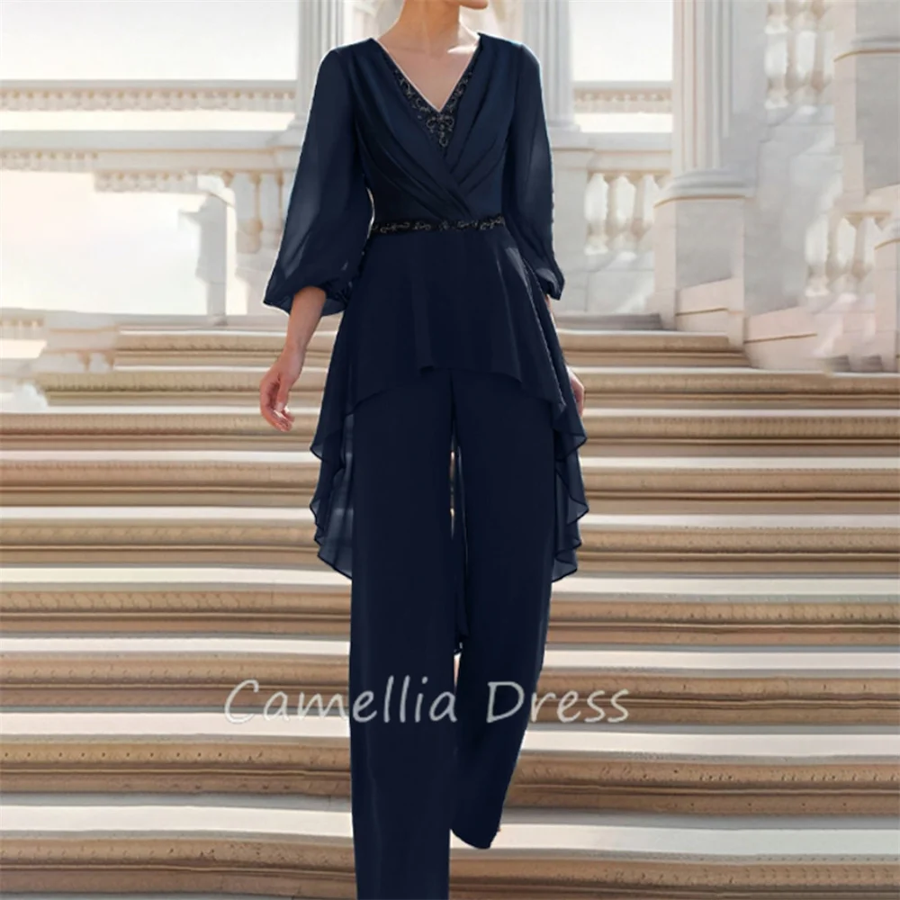 Elegant V Neck Mother Of The Bride Dress Two Pieces Jumpsuit Ruffles Chiffon Formal Dresses Vestidos Mae Da Noiva Casamentos