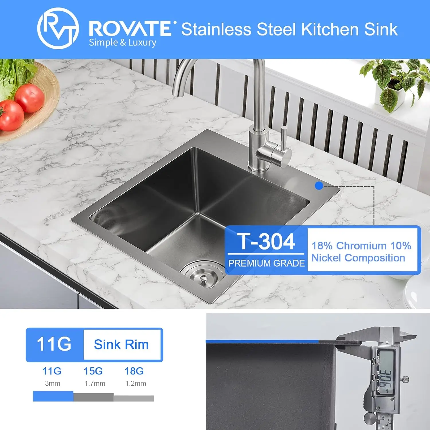 ROVATE 15 x 17 inch Drop in Bar Sink Black Nano Kitchen Sink Overmount Handmade Single Bowl T-304 Stainless Steel Bar Prep Sink