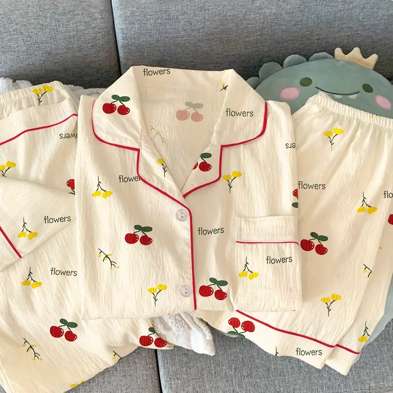 New Summer Wrinkled Fabric Mori Style Women's Pajamas Korean Casual Cherry Blossom Homewear Short Sleeve Three-Piece Set