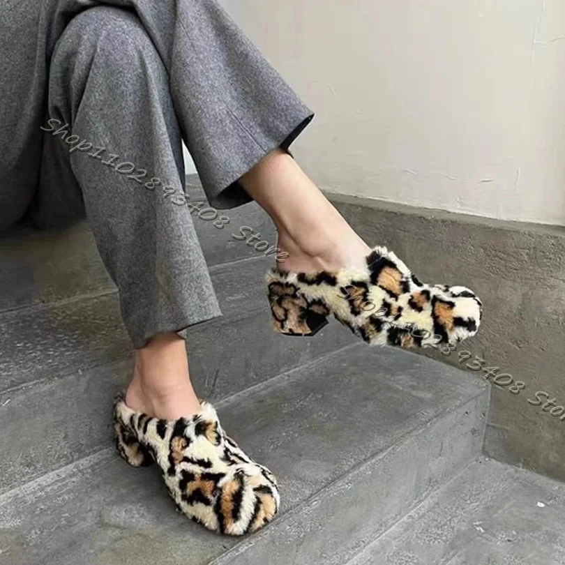 Leopard Print Fur Decor Pumps Slingback Chunky High Heels Women Shoes Autumn Warm Casual Pumps Design Shoes Zapatos Para Mujere