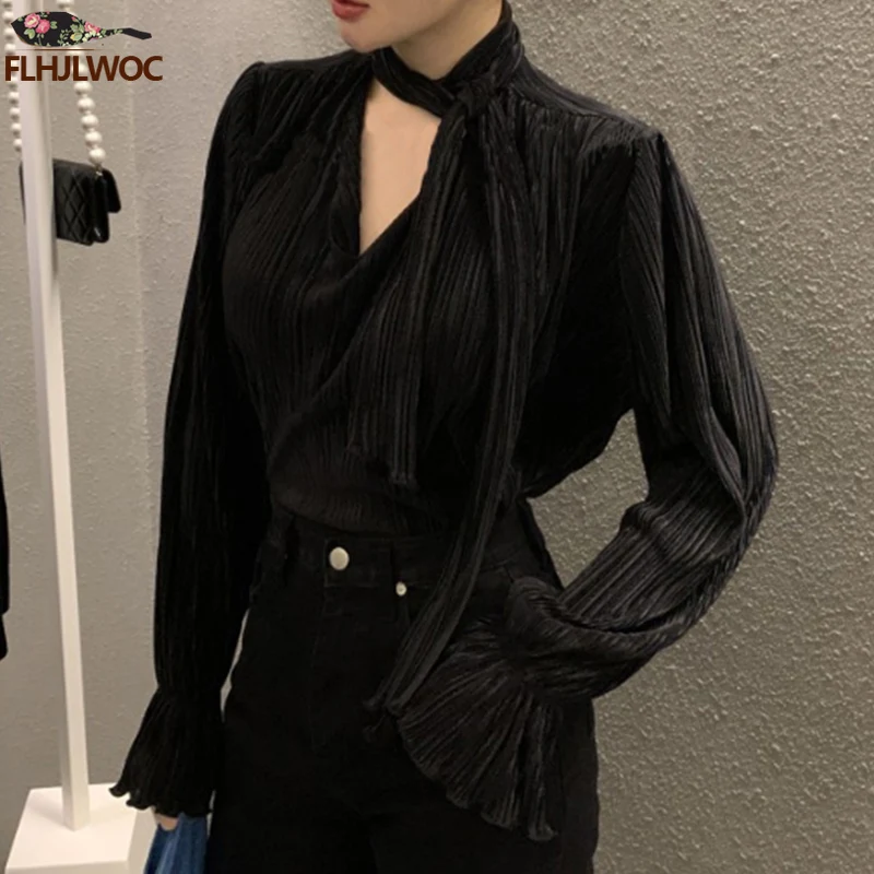 Bow Tie Tops Women Korean Style Design Clothes Flare Sleeve Elegant Office Lady Cute Ribbon Sweet Basic Shirts Blouses