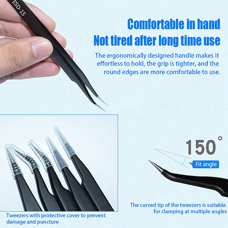 10Pcs Anti Static ESD Stainless Steel Tweezers Maintenance Tools Precision Curved Straight Tweezers Repair Accessories