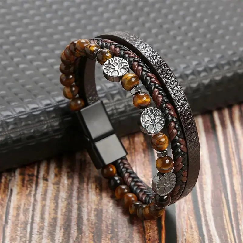 

Hot Sales Tree of Life Leather Bracelet Men Classic Fashion Stainless Steel Multi Layer Leather Bracelet For Men Jewelry Gift