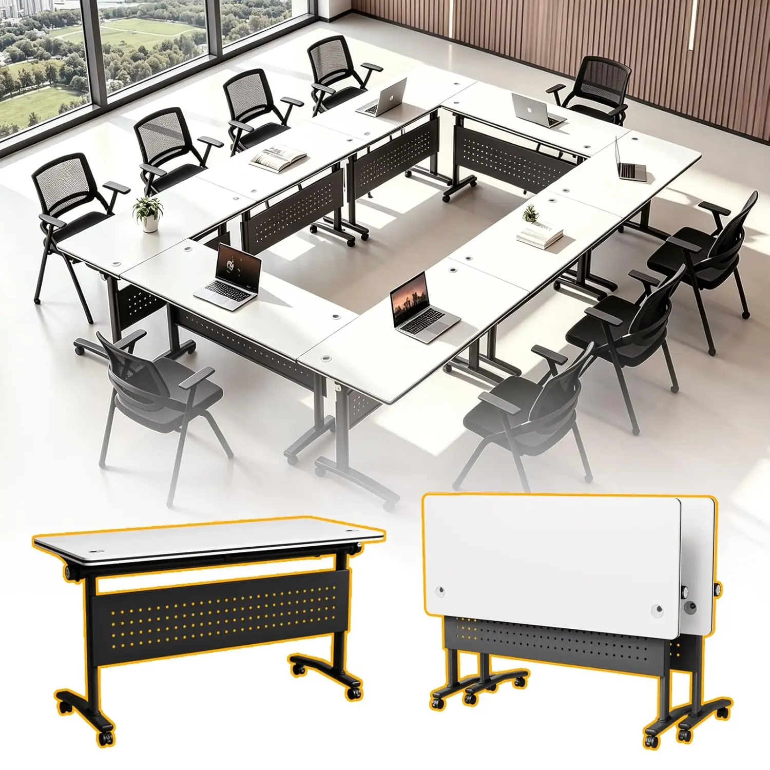 

Foldable Conference Table Flip-Top Mobile Desk With Wheels & 2 Cable Holes For Office Meeting 47in 2-Pack White, Customized