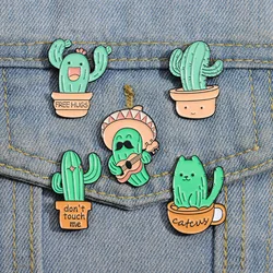 Cactus Potted Free Hugs Enamel Pin Cartoon Plant Cat Lapel Backpack Clothes Brooch Jewelry Accessories Gift for Friend Wholesale