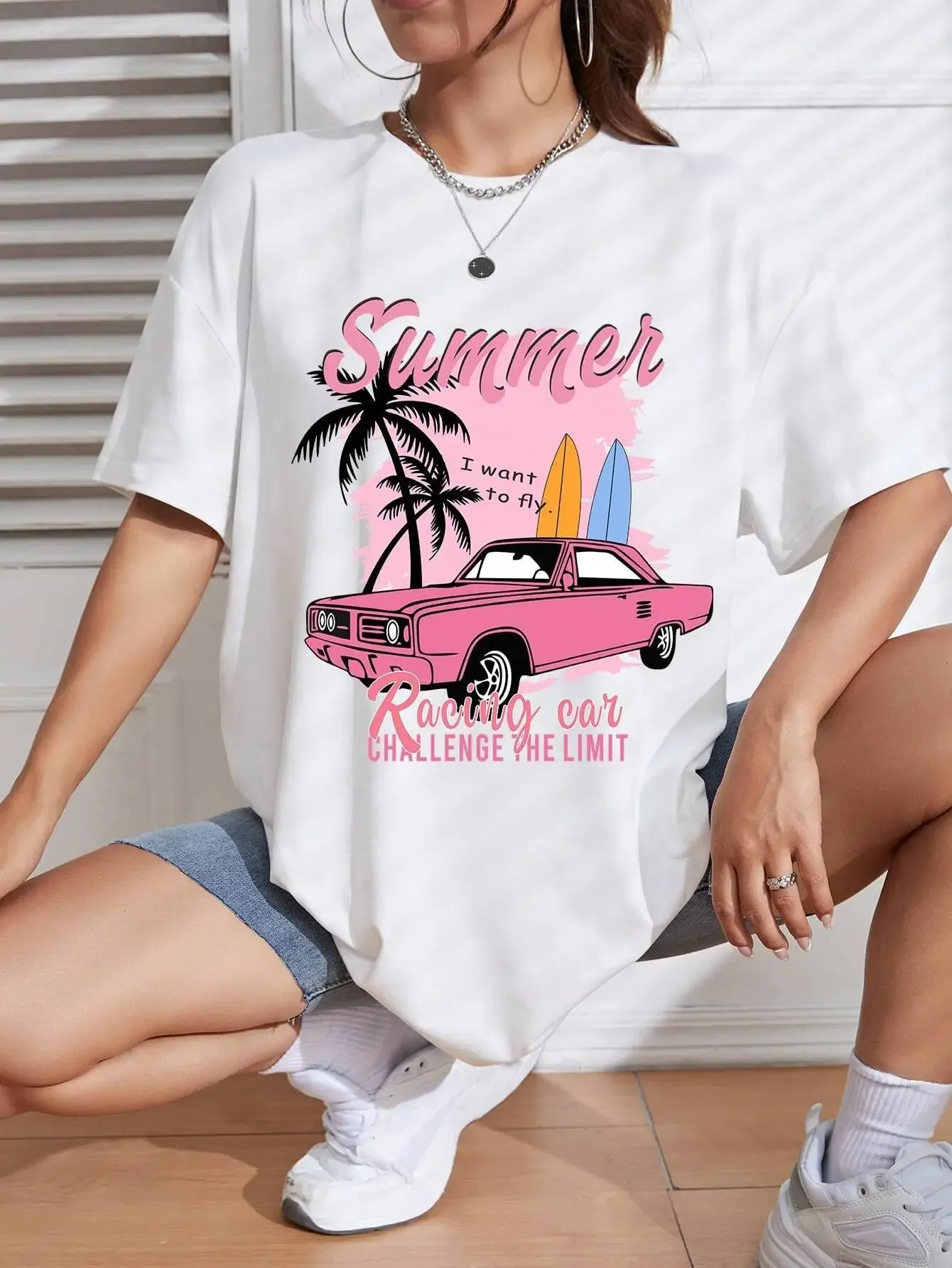 Basic Tide Harajuku T-Shirt Summer Racing Cat Printing Tshirt Womengraphic Fashion Tee Shirt Cotton Comfortable Clothes Women