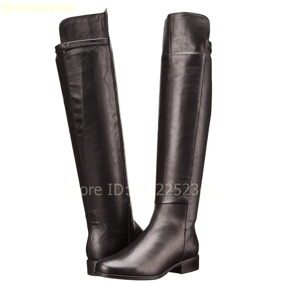 

2025 New Winter Women Knight Boots Black Leather Splicing Flats Knee-High Boots 3Cm Heel Round Toe Casual Street Style Boots