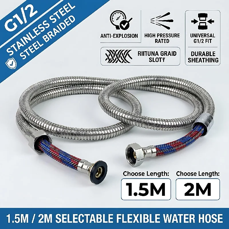 G1/2 Stainless Steel Shower Hose 1.5M/2M Flexible Braided Anti-Explosion Water Pipe Universal Bathroom Handheld Spray Head Tube