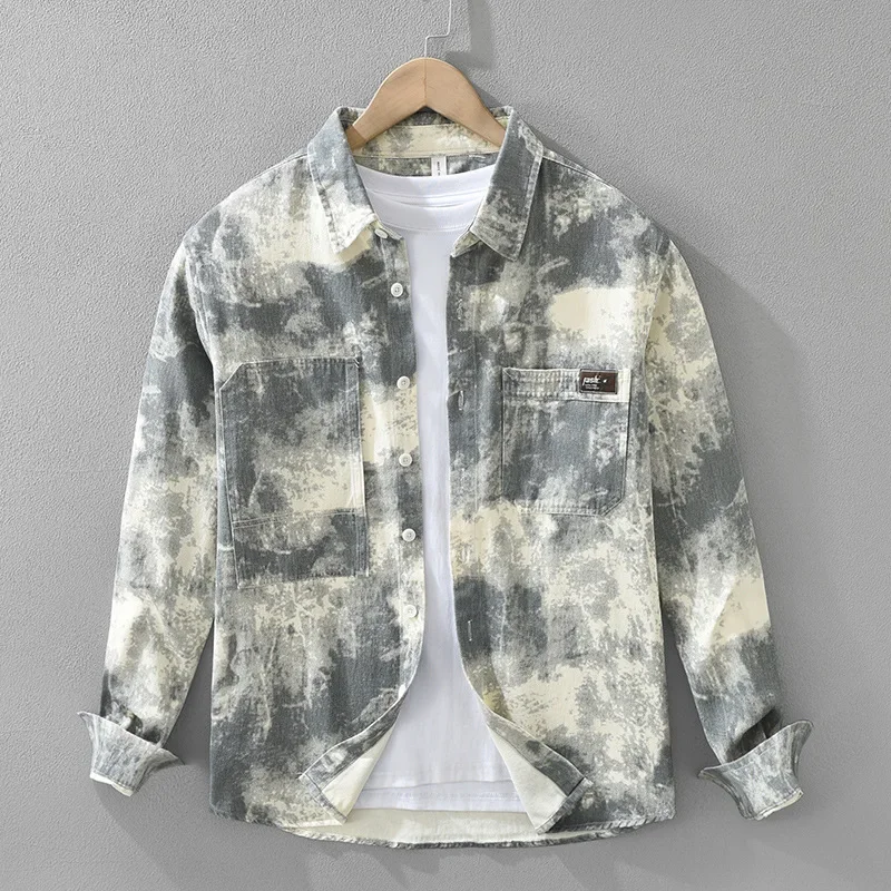 

Korean Fashion Streetwear Men Long Sleeve Printed Shirt Spring New in Shirts Man Pockets 100%Cotton Casual Shirts Youth Clothing