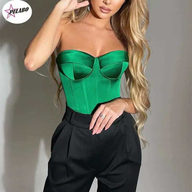 PULABO y2k Satin Corset Crop Top with Cups Strapless Spring Summer Sexy Off Shoulder Party Sleeveless Bustier Tank Tops Women