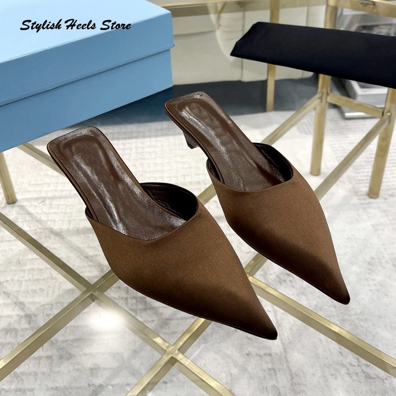 Luxury Silk Pointed Toe Strange Style Heels Mules Elegant Leather Sole 35mm Heel Sandals Women Fashion Party Wedding Dress Shoes