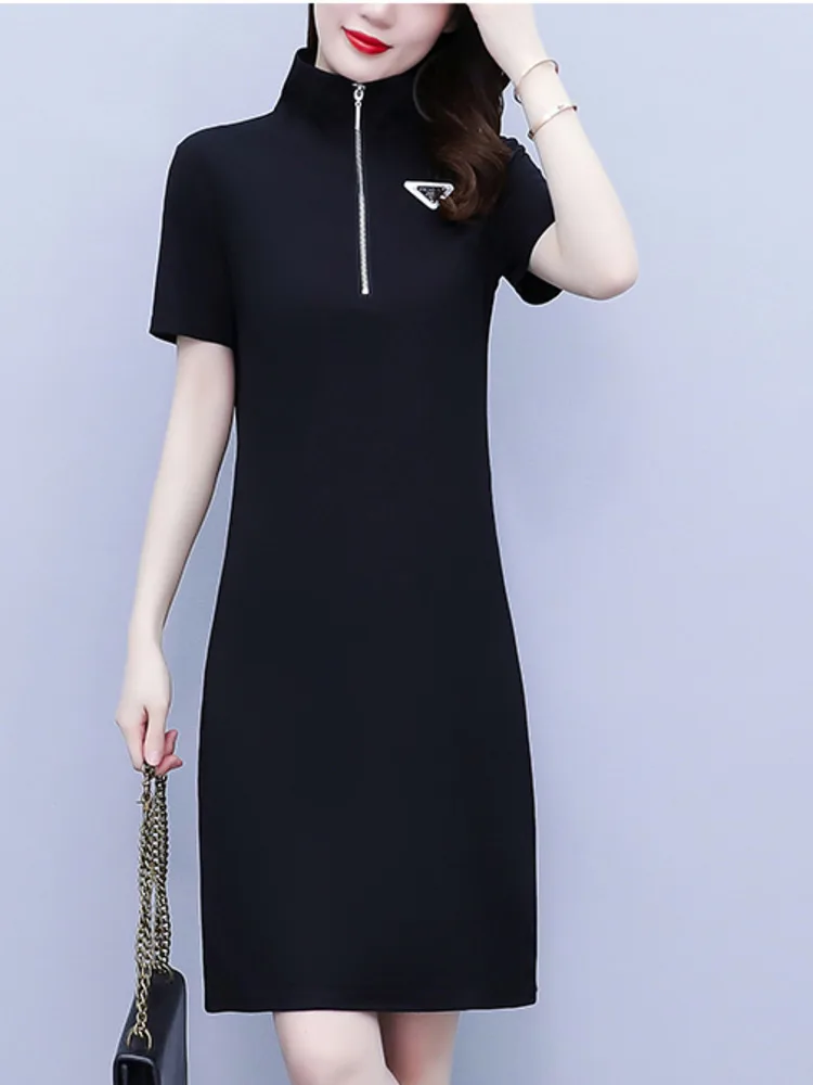 #7946 Black Striepd Short T Shirt Dress Women Turn-down Collar Zipper Polo Shirt Dress Femme Short Sleeve Slim Office Mini Dress